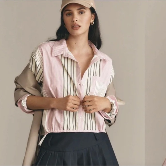 Anthropologie Drawstring hem striped blouse, XL, GP1504 - Picture 3 of 8